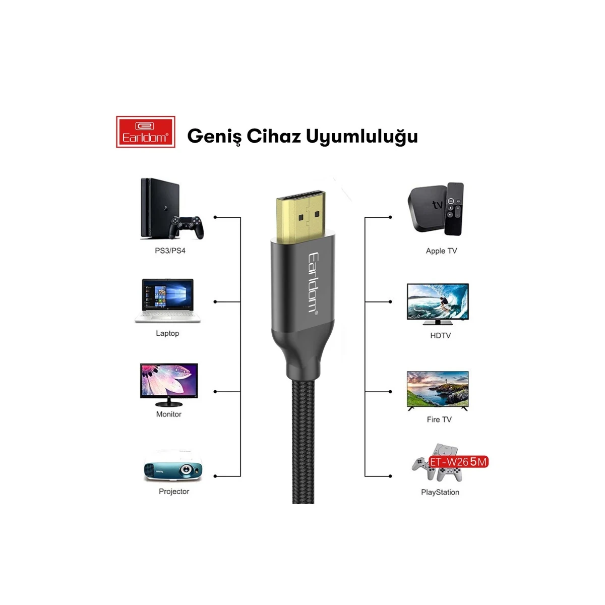 Earldom W26 5M 4K Altın Uçlu Hasır HDMI Kablo - Siyah