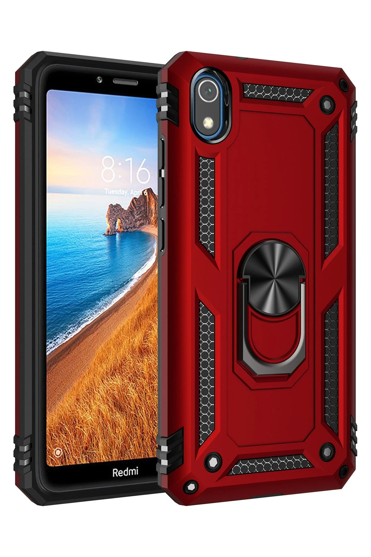 Newface Xiaomi Redmi 7A Kılıf Sofya Yüzüklü Silikon Kapak - Kırmızı