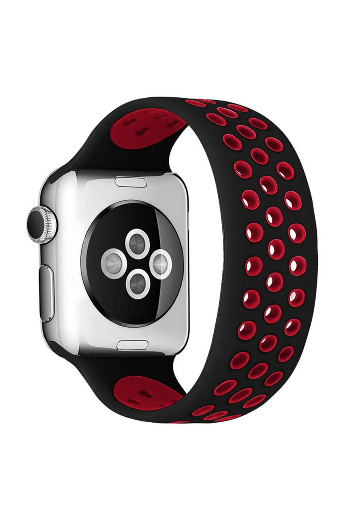 Newface Apple Watch 38mm Ayarlı Delikli Silikon Kordon - Siyah-Kırmızı