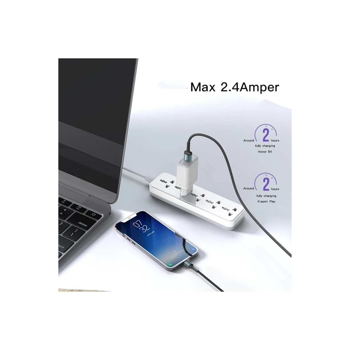 Yesido CA75 2M 2.4A Hasırlı Usb to Lightning Hızlı Şarj Kablosu - Siyah
