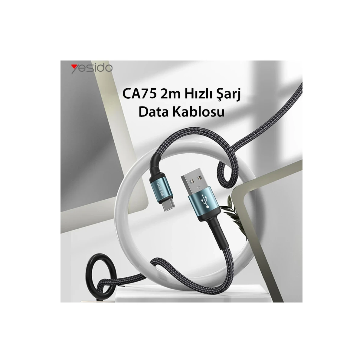 Yesido CA75 2M 2.4A Hasırlı Usb to Lightning Hızlı Şarj Kablosu - Siyah