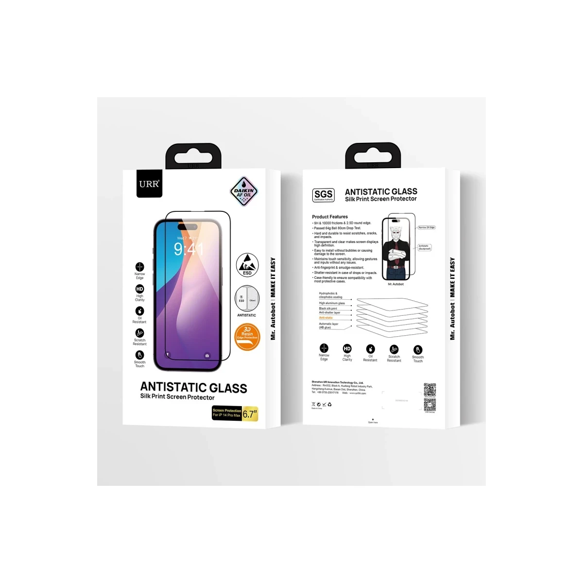 URR Apple iPhone 14 Pro 2.5D Antistatik Silkscreen Cam Ekran Koruyucu - Siyah