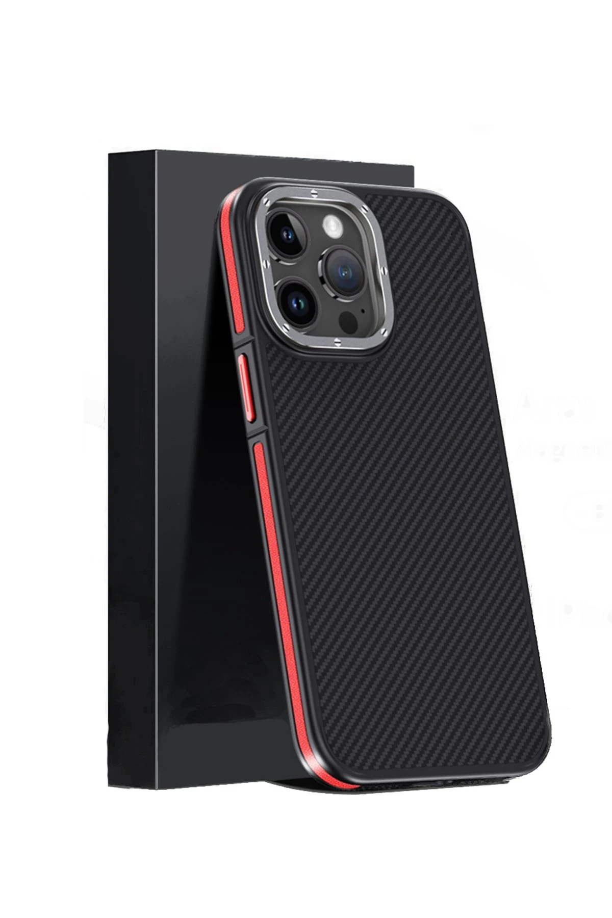 Joko iPhone 15 Pro Max Kılıf Aramid 600D Kevlar Karbon Fiber Magsafe Kapak - Kırmızı