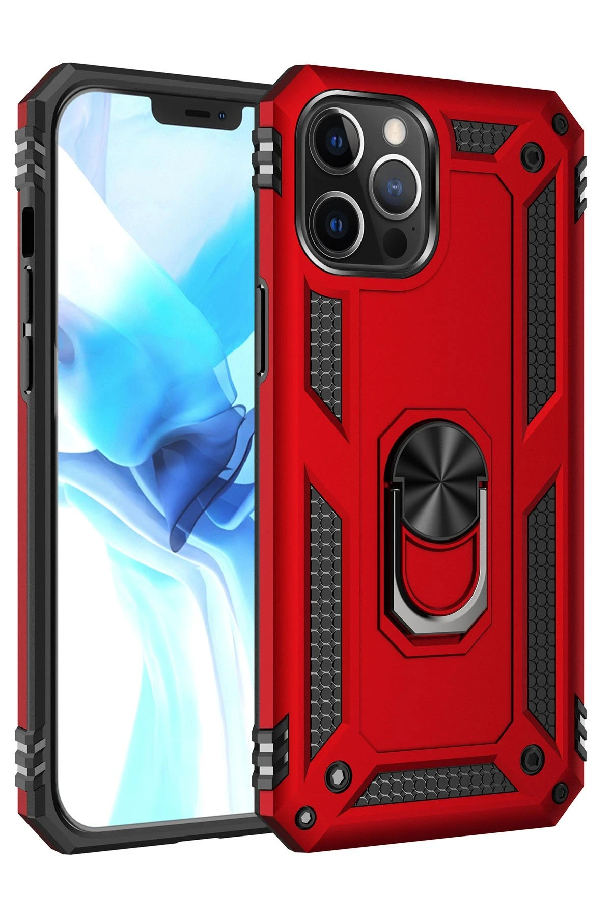 Newface iPhone 12 Pro Max Kılıf Sofya Yüzüklü Silikon Kapak - Kırmızı