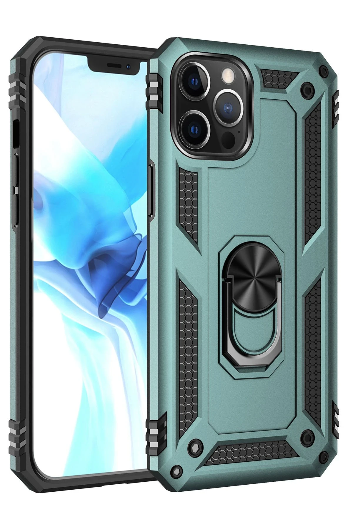 Newface iPhone 12 Pro Max Kılıf Sofya Yüzüklü Silikon Kapak - Yeşil