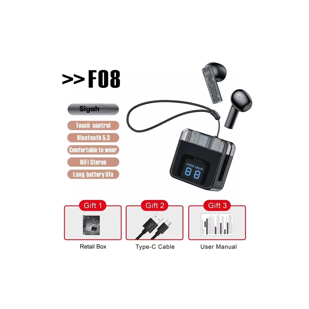 Karler Bass F08 Dijital Şarj Göstergeli TWS Bluetooth Kulaklık - Siyah — görsel 3