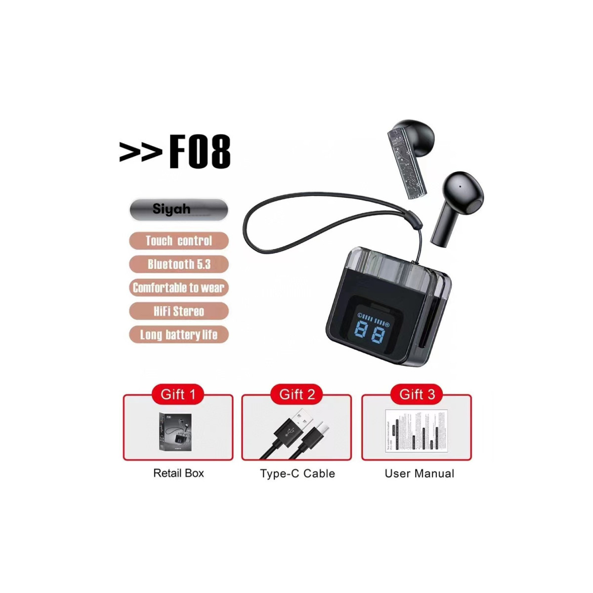 Karler Bass F08 Dijital Şarj Göstergeli TWS Bluetooth Kulaklık - Siyah — görsel 5