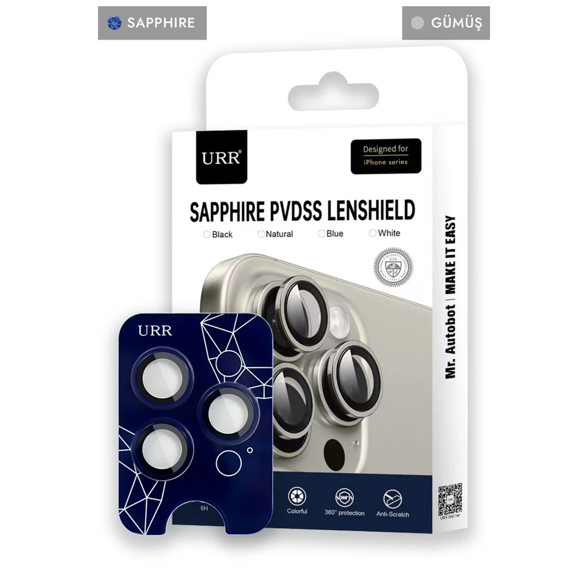 URR Apple iPhone 15 Pro Max Sapphire PVDSS Kamera Lens Koruyucu - Gümüş