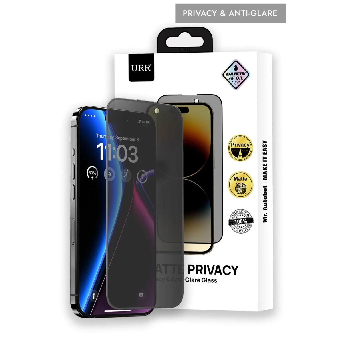 URR Apple iPhone 14 Pro Max Matte Privacy Cam Ekran Koruyucu - Siyah