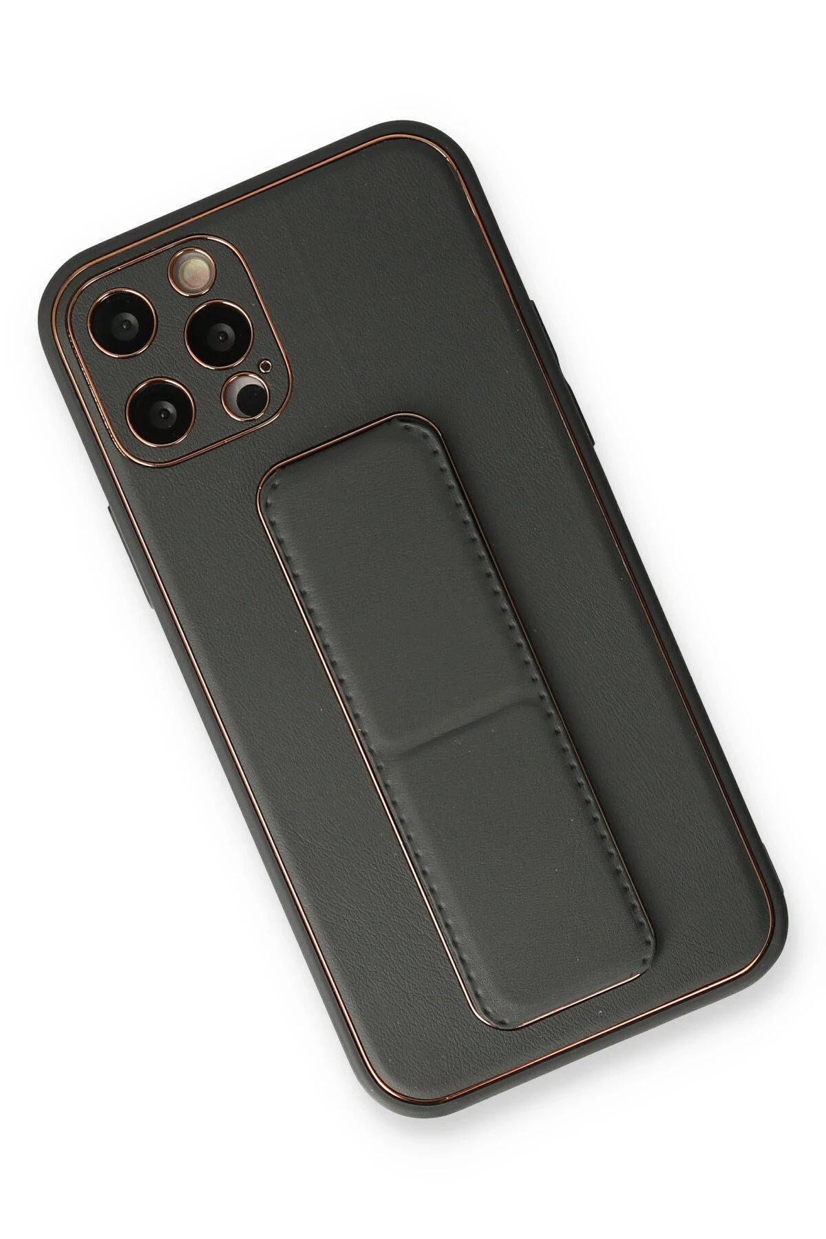 Newface iPhone 12 Pro Kılıf Coco Deri Standlı Kapak - Füme