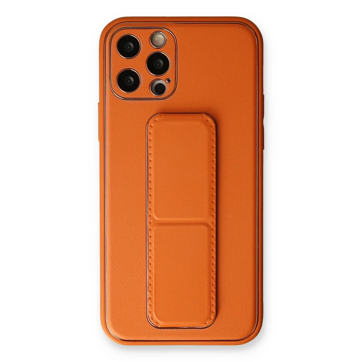 Newface Apple iPhone 12 Pro Kılıf Coco Deri Standlı Kapak - Turuncu