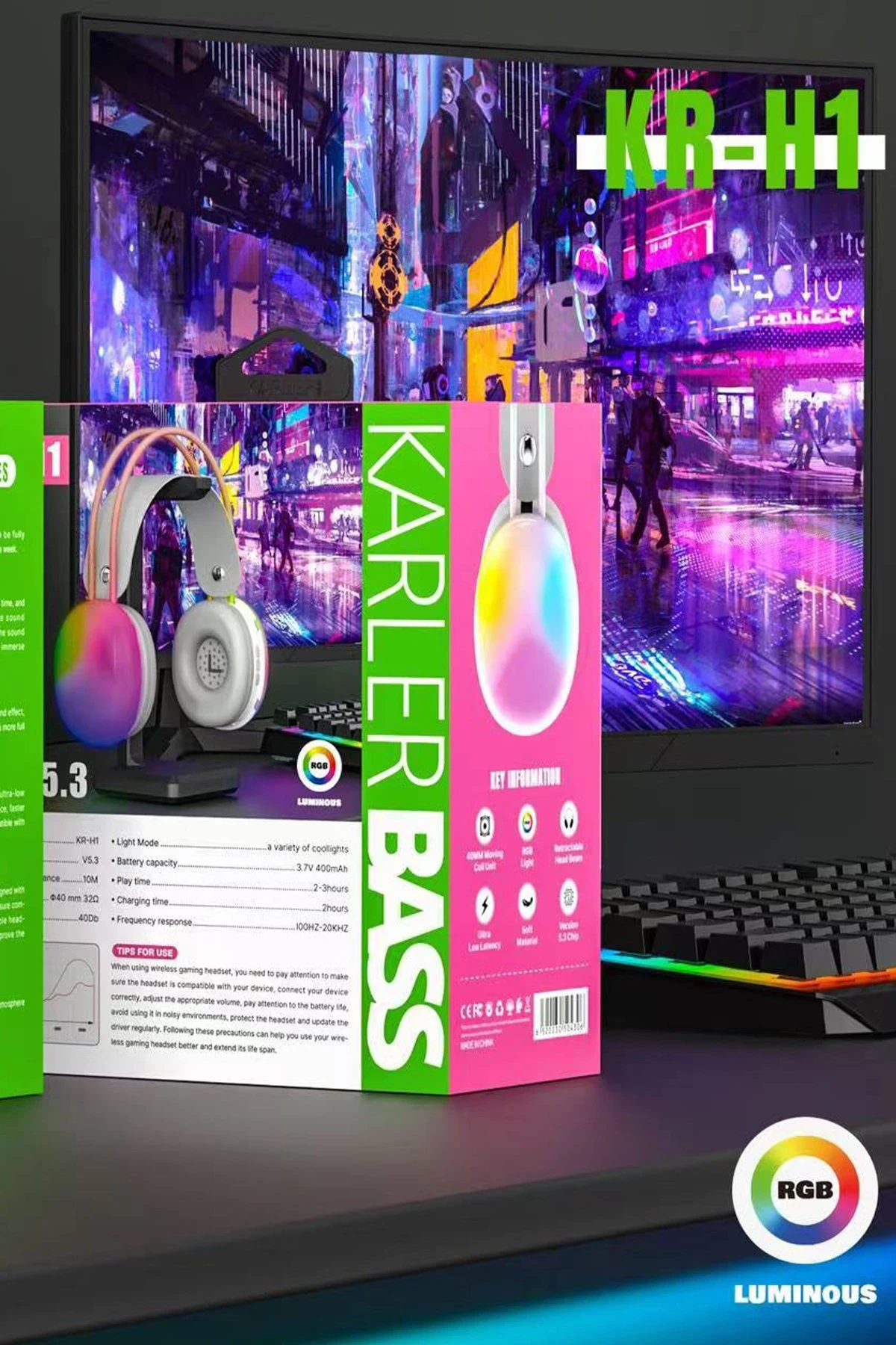 Karler Bass KRH1 RGB Kafaüstü Kablosuz Kulaklık - Gri — görsel 2