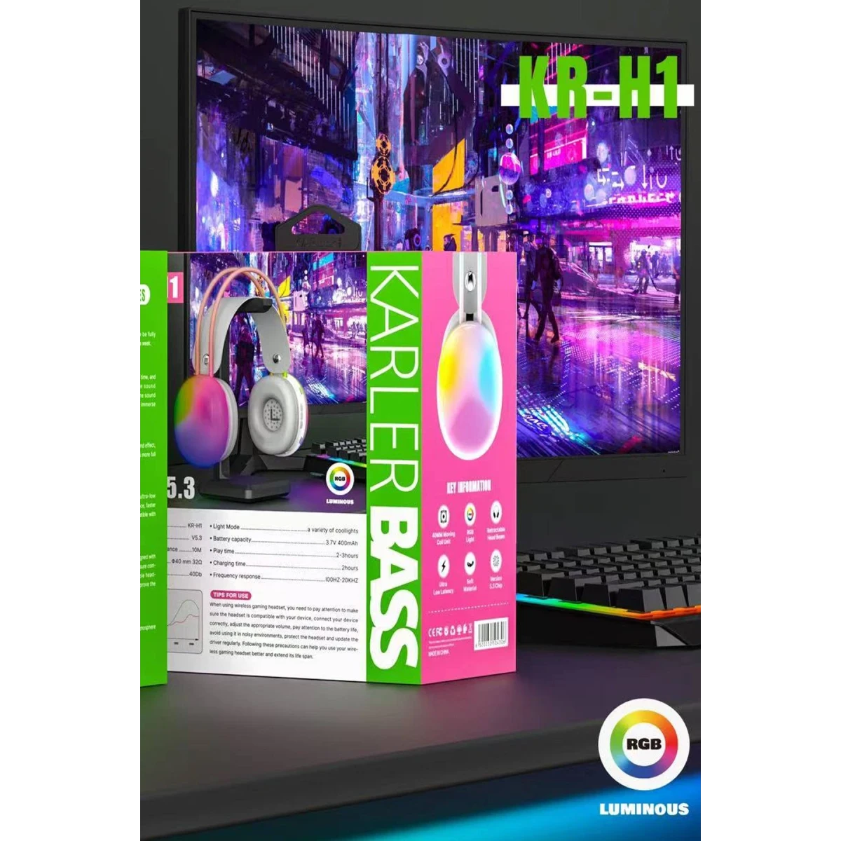 Karler Bass KRH1 RGB Kafaüstü Kablosuz Kulaklık - Gri — görsel 4