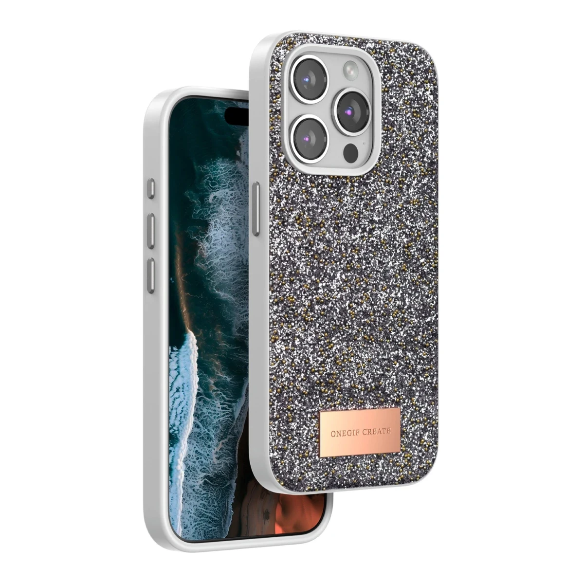 Onegif Apple iPhone 14 Pro Max Bright Simli Kapak - Gümüş
