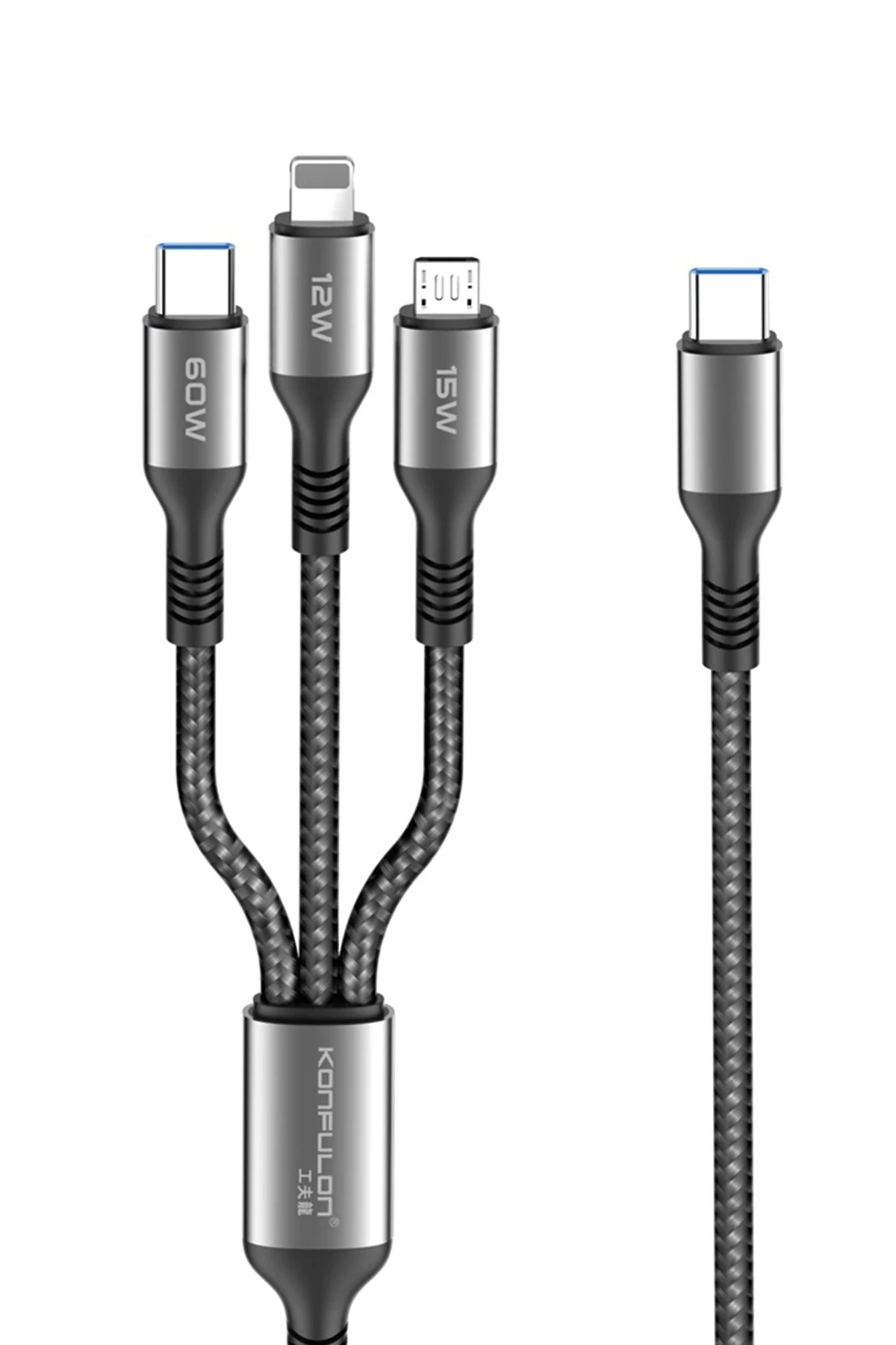 Konfulon DC62 3in1 Type-C to 60W Type-C / 12W Lightning / 15W Micro 1.2M Hızlı Şarj Kablo - Siyah