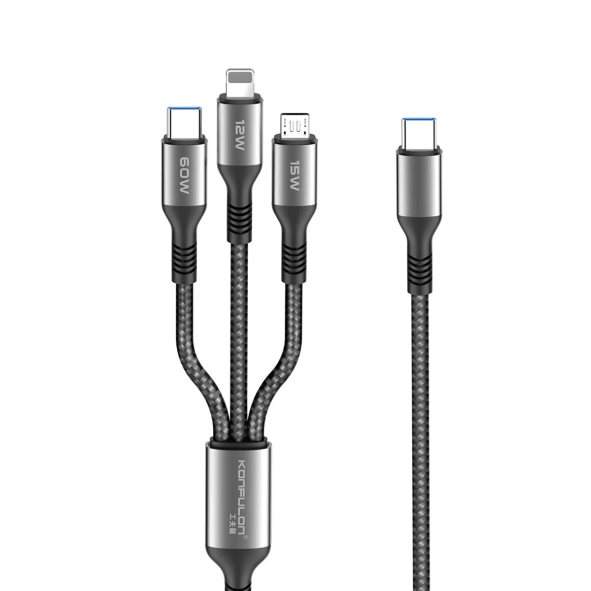 Konfulon DC62 3in1 Type-C to 60W Type-C / 12W Lightning / 15W Micro 1.2M Hızlı Şarj Kablo - Siyah — görsel 6
