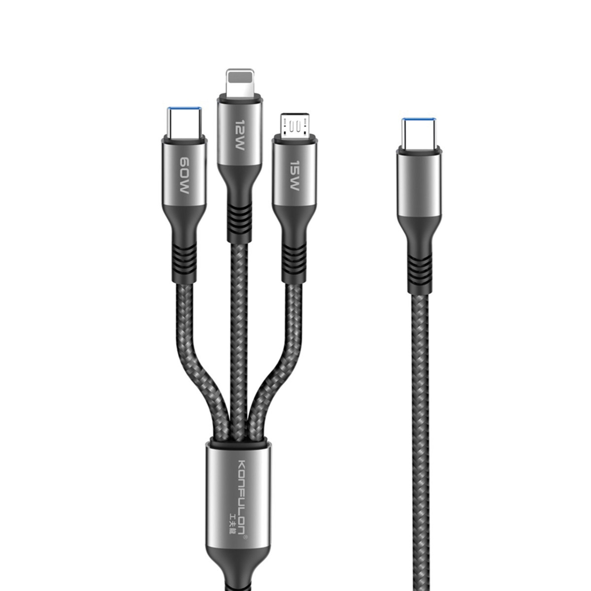 Konfulon DC62 3in1 Type-C to 60W Type-C / 12W Lightning / 15W Micro 1.2M Hızlı Şarj Kablo - Siyah — görsel 11