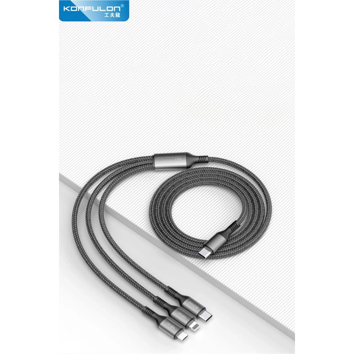 Konfulon DC62 3in1 Type-C to 60W Type-C / 12W Lightning / 15W Micro 1.2M Hızlı Şarj Kablo - Siyah — görsel 9