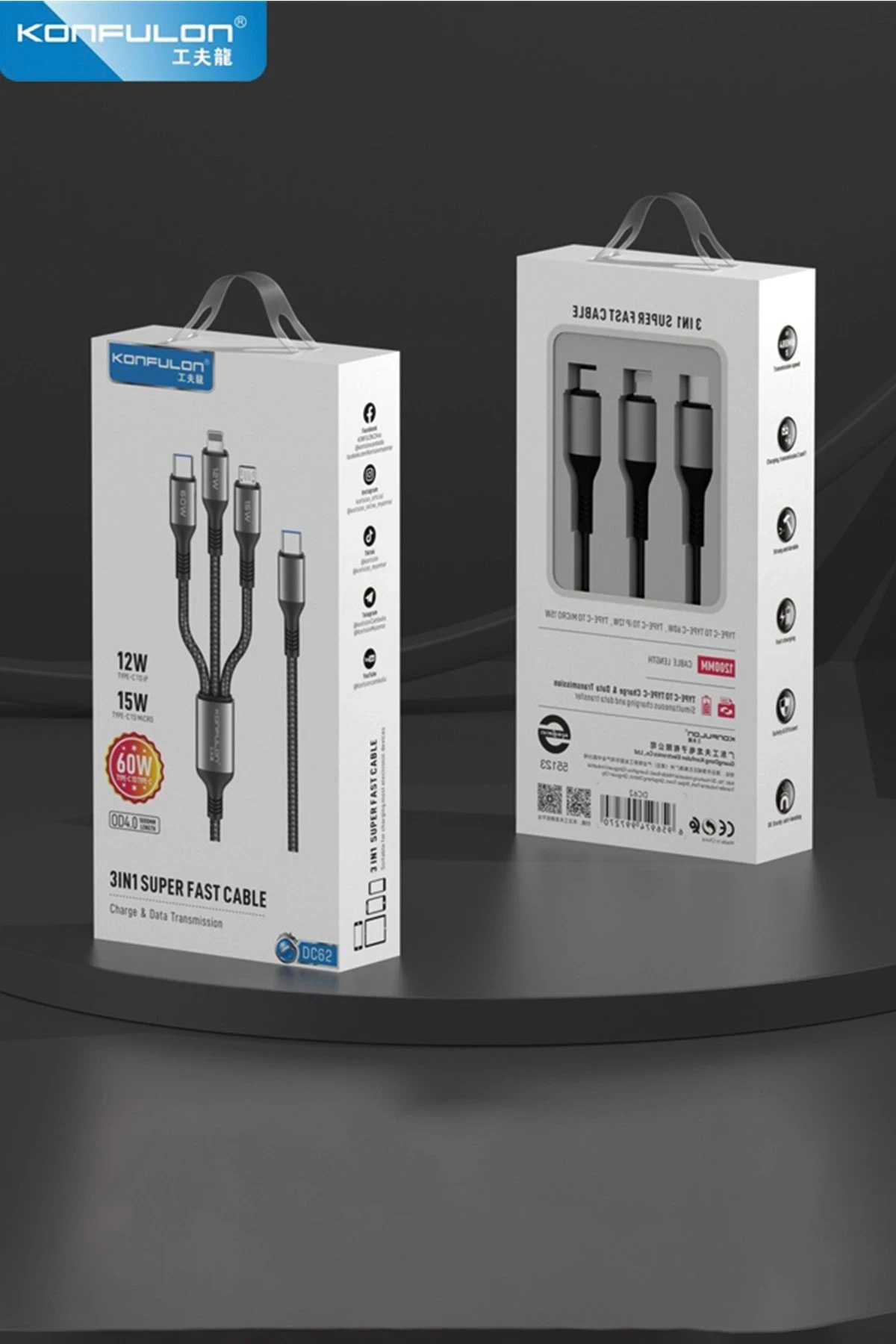 Konfulon DC62 3in1 Type-C to 60W Type-C / 12W Lightning / 15W Micro 1.2M Hızlı Şarj Kablo - Siyah — görsel 5