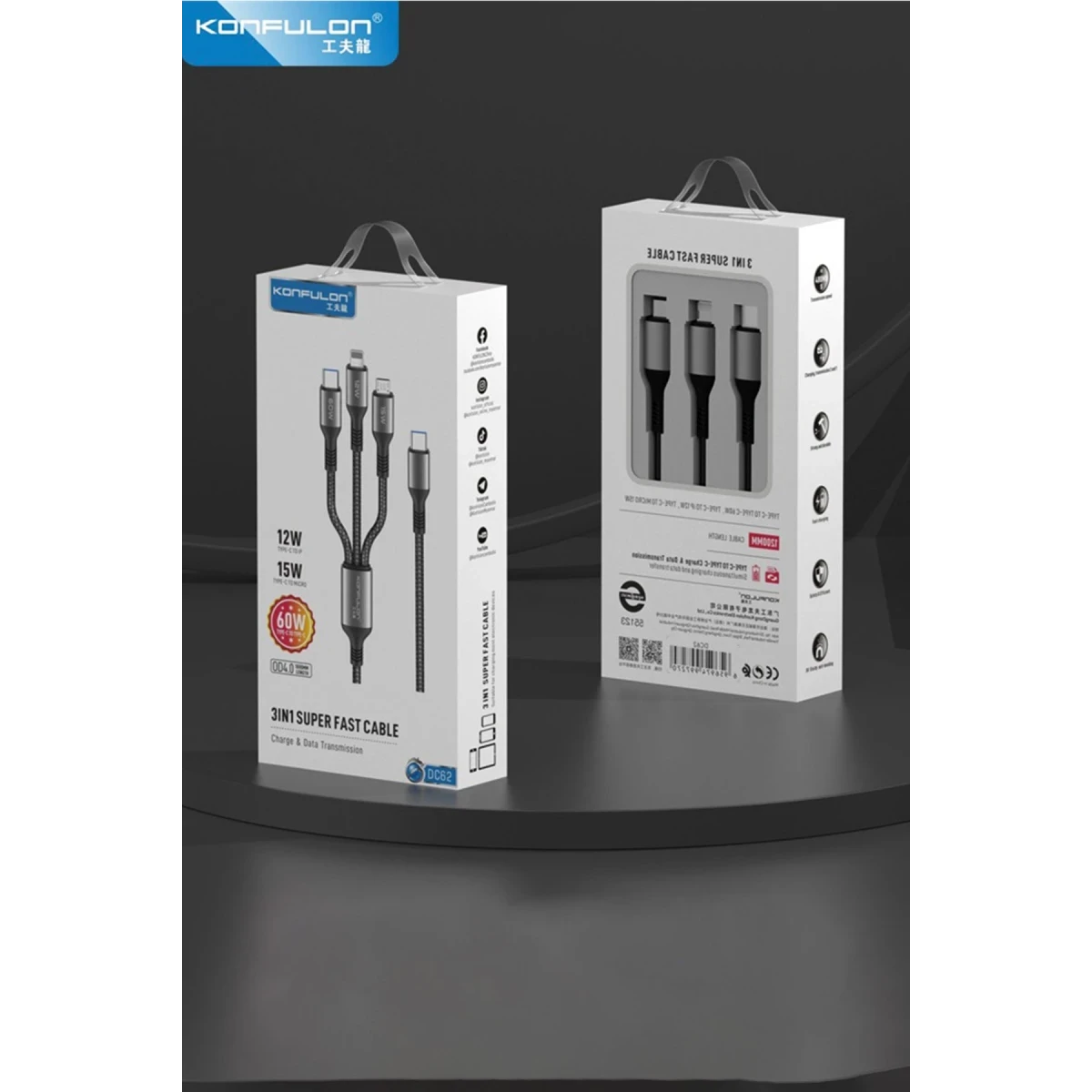 Konfulon DC62 3in1 Type-C to 60W Type-C / 12W Lightning / 15W Micro 1.2M Hızlı Şarj Kablo - Siyah — görsel 10