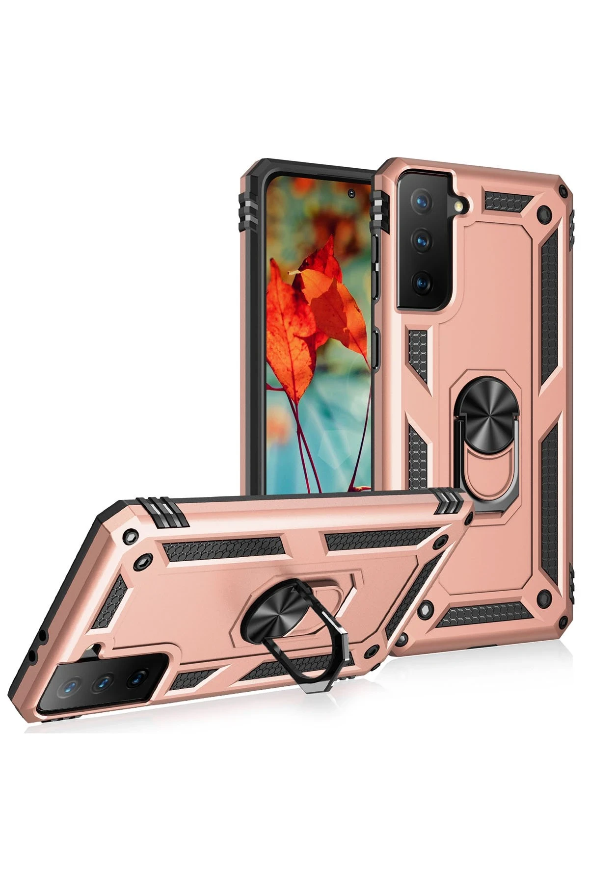 Newface Samsung Galaxy S21 Kılıf Sofya Yüzüklü Silikon Kapak - Rose