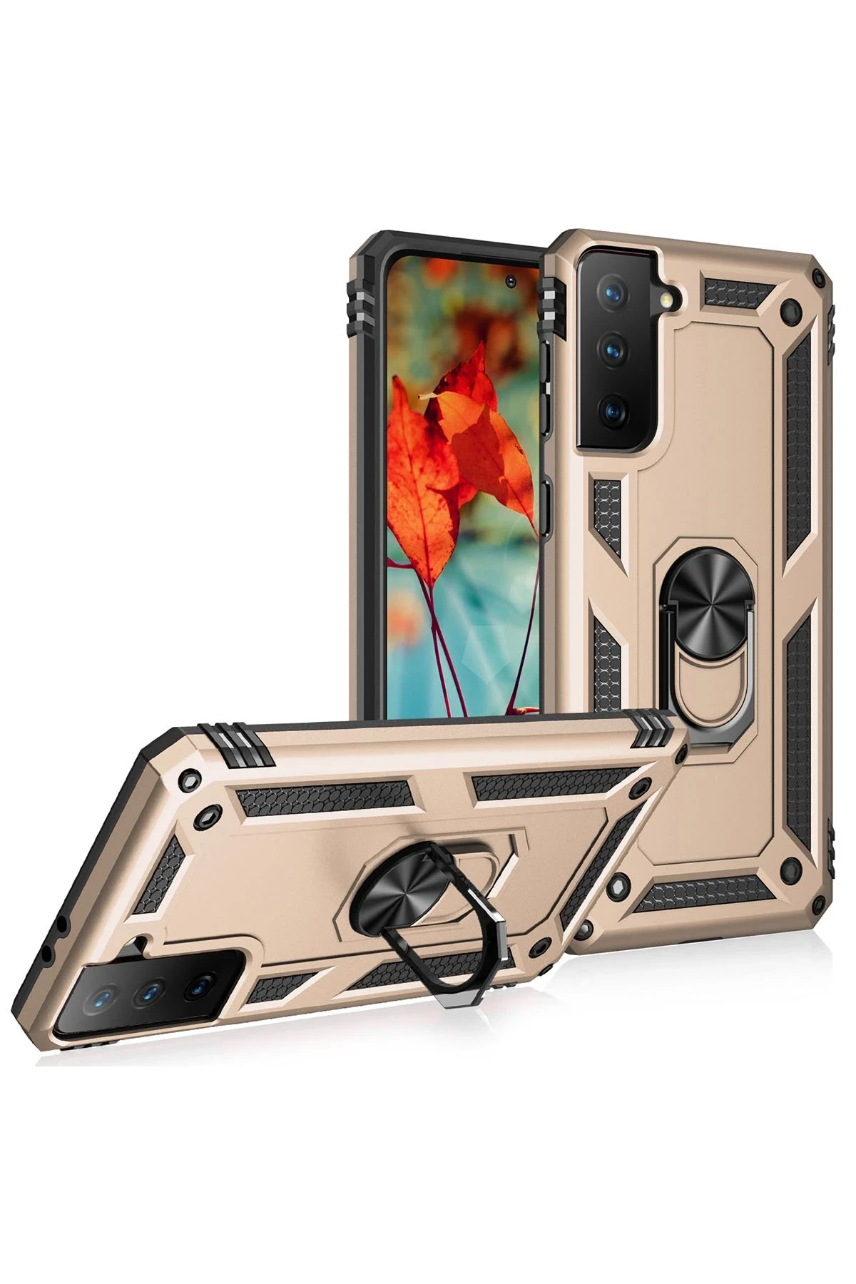 Newface Samsung Galaxy S21 Kılıf Sofya Yüzüklü Silikon Kapak - Gold