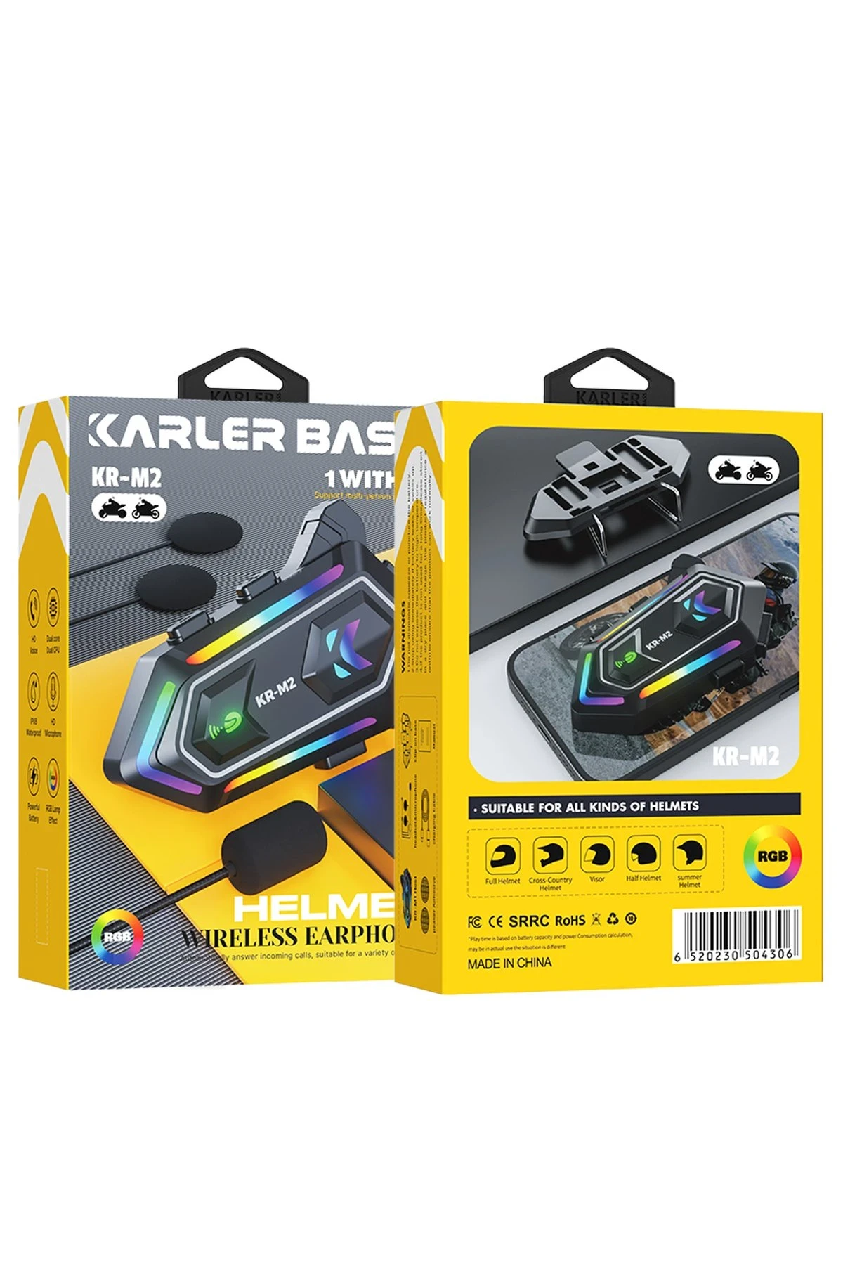 Karler Bass KRM2 RGB Motosiklet Sürücüleri İçin IPX6 Su Geçirmez Özellikli Kablosuz Bluetooth Kulaklık - Siyah — görsel 2