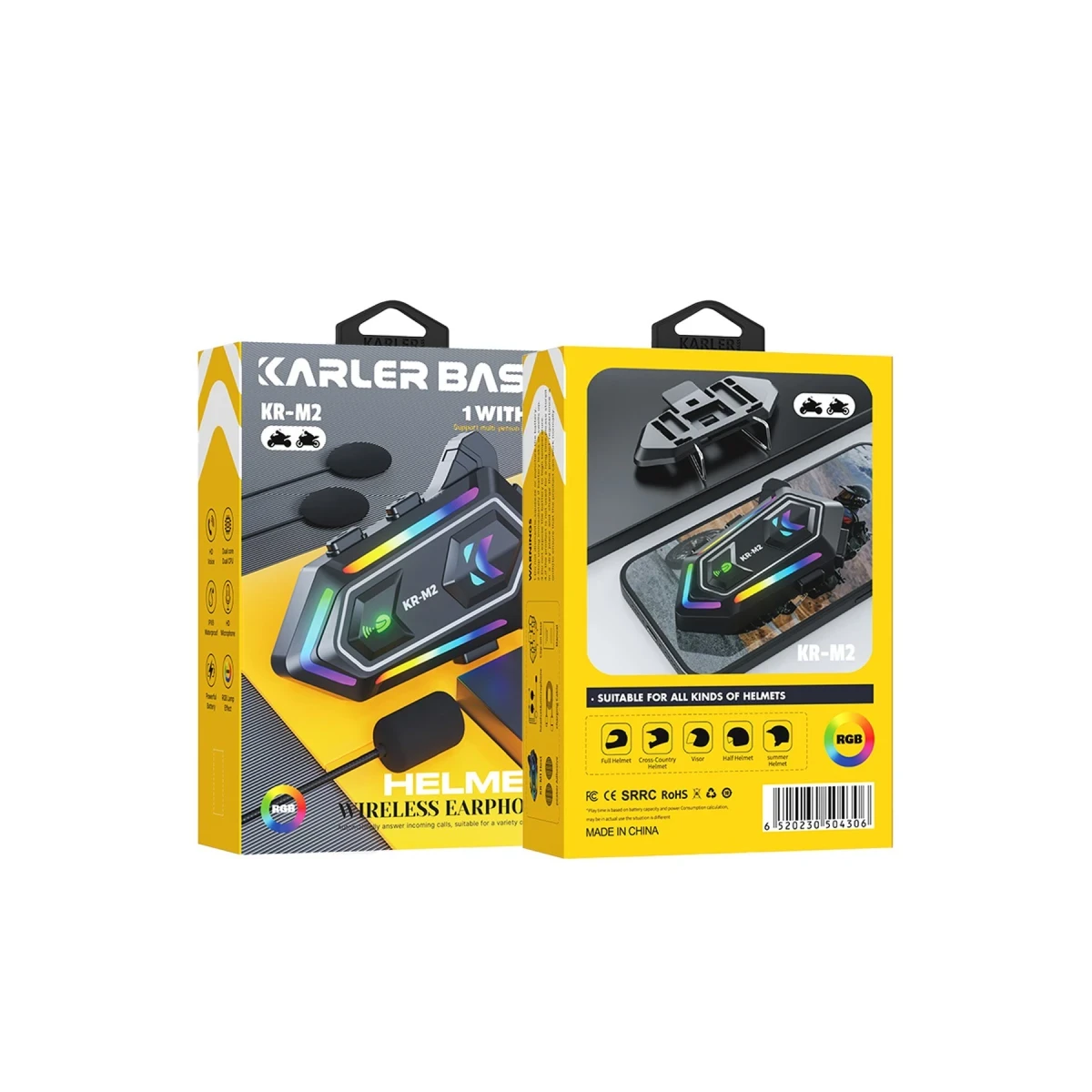 Karler Bass KRM2 RGB Motosiklet Sürücüleri İçin IPX6 Su Geçirmez Özellikli Kablosuz Bluetooth Kulaklık - Siyah — görsel 4