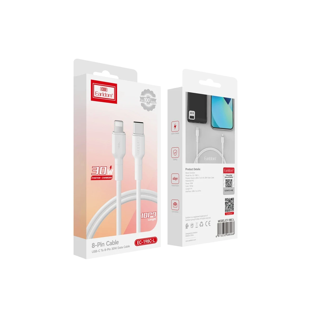 Earldom EC-198CL 1M 30W Type-C to Lightning PD Hızlı Şarj Kablosu - Beyaz