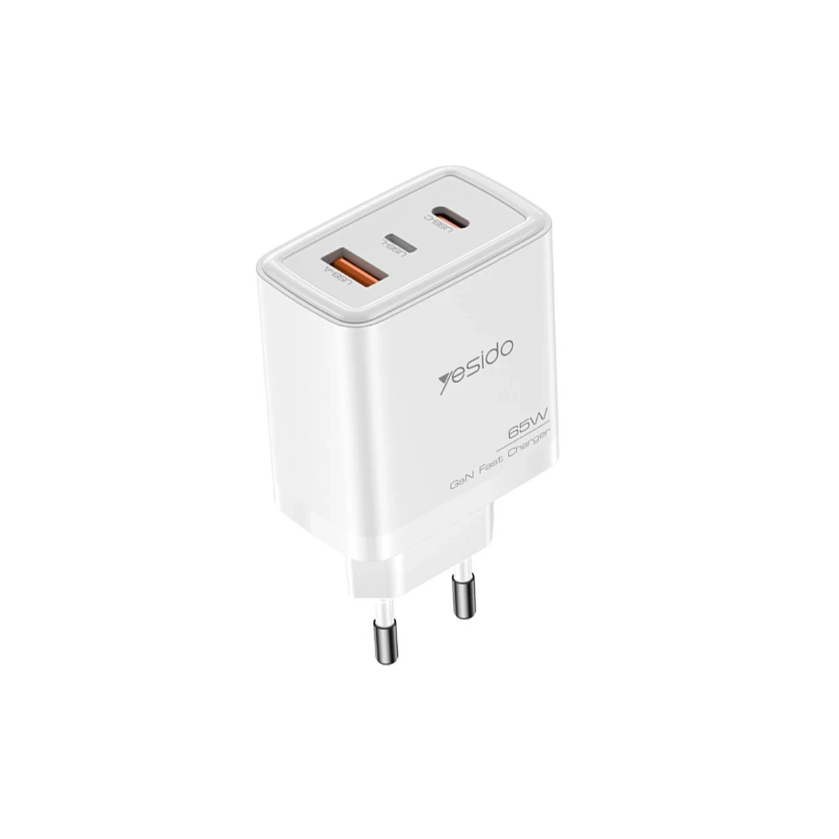 Yesido YC70 1 Adet 65W Type-C / 1 Adet 30W USB ve 1 Adet 45W Lightning Çıkışlı Ekstra 2M Type-C to Ligtning Kablolu GAN Hızlı Şarj Cihazı - Beyaz