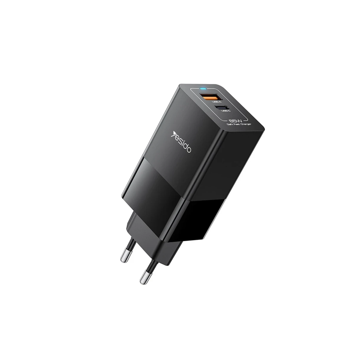 Yesido YC73 1 Adet 65W Type-C / 1 Adet 18W USB Çıkışlı Ekstra 1M Type-C to Type-C Kablolu GAN Hızlı Şarj Cihazı - Siyah