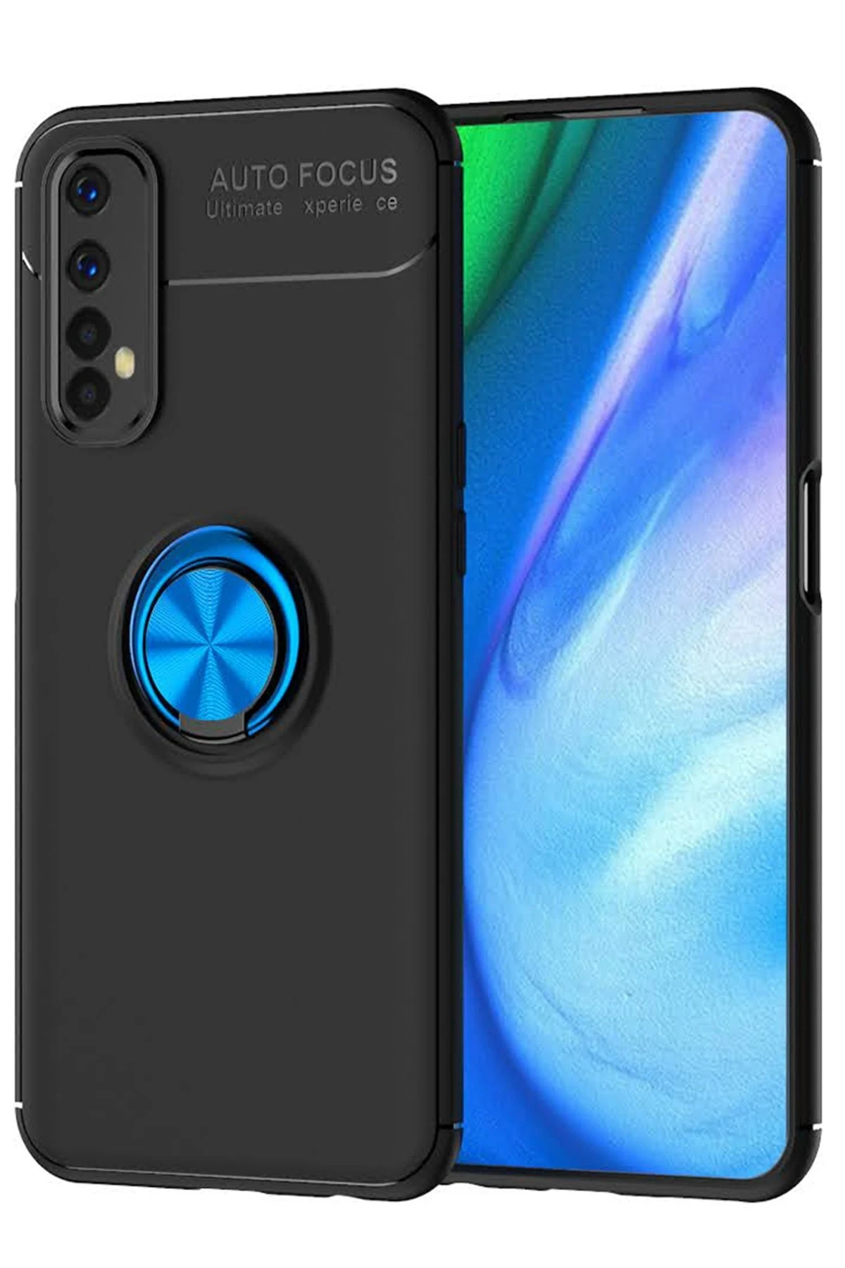 Newface Realme 7 Kılıf Range Yüzüklü Silikon - Siyah-Mavi
