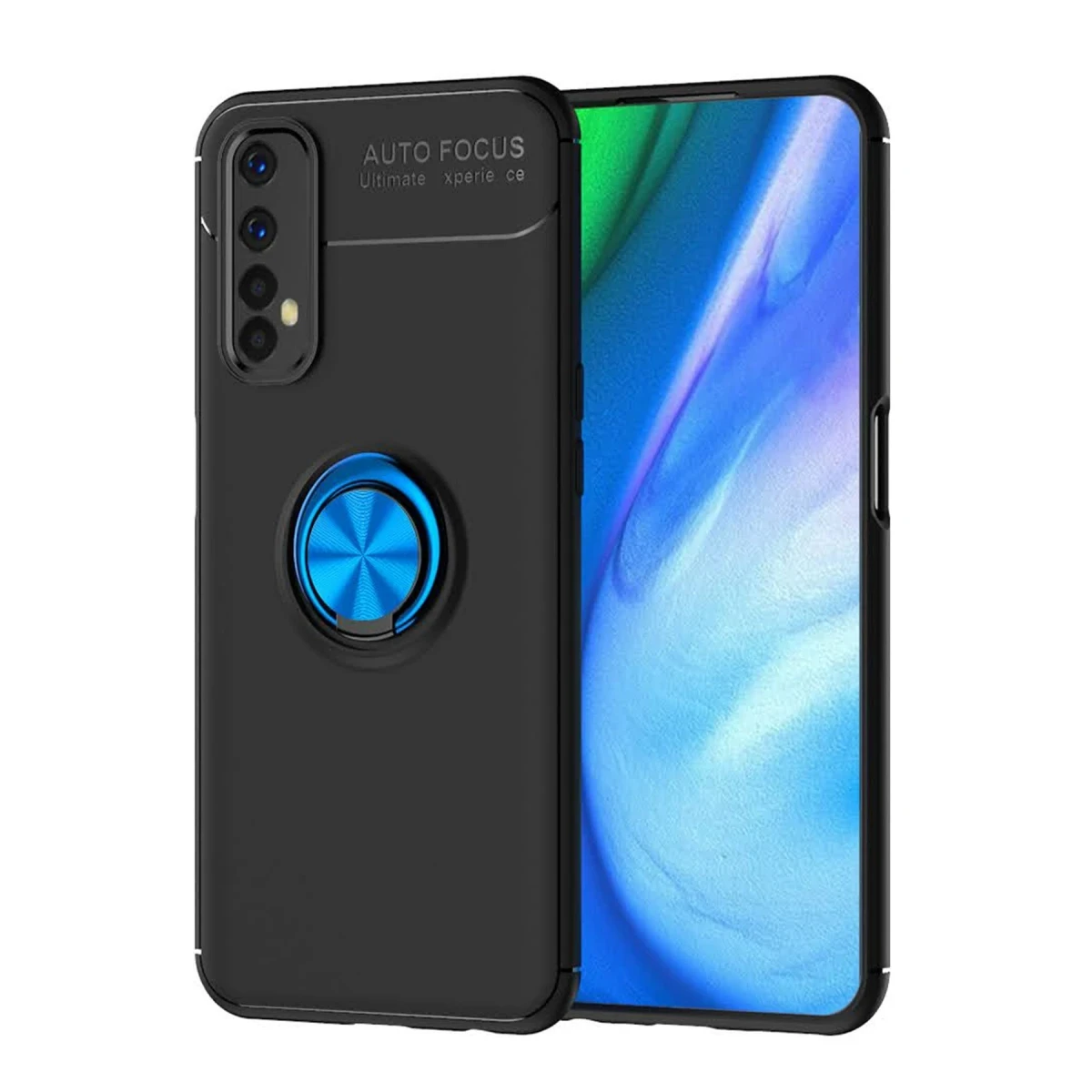 Newface Realme 7 Kılıf Range Yüzüklü Silikon - Siyah-Mavi