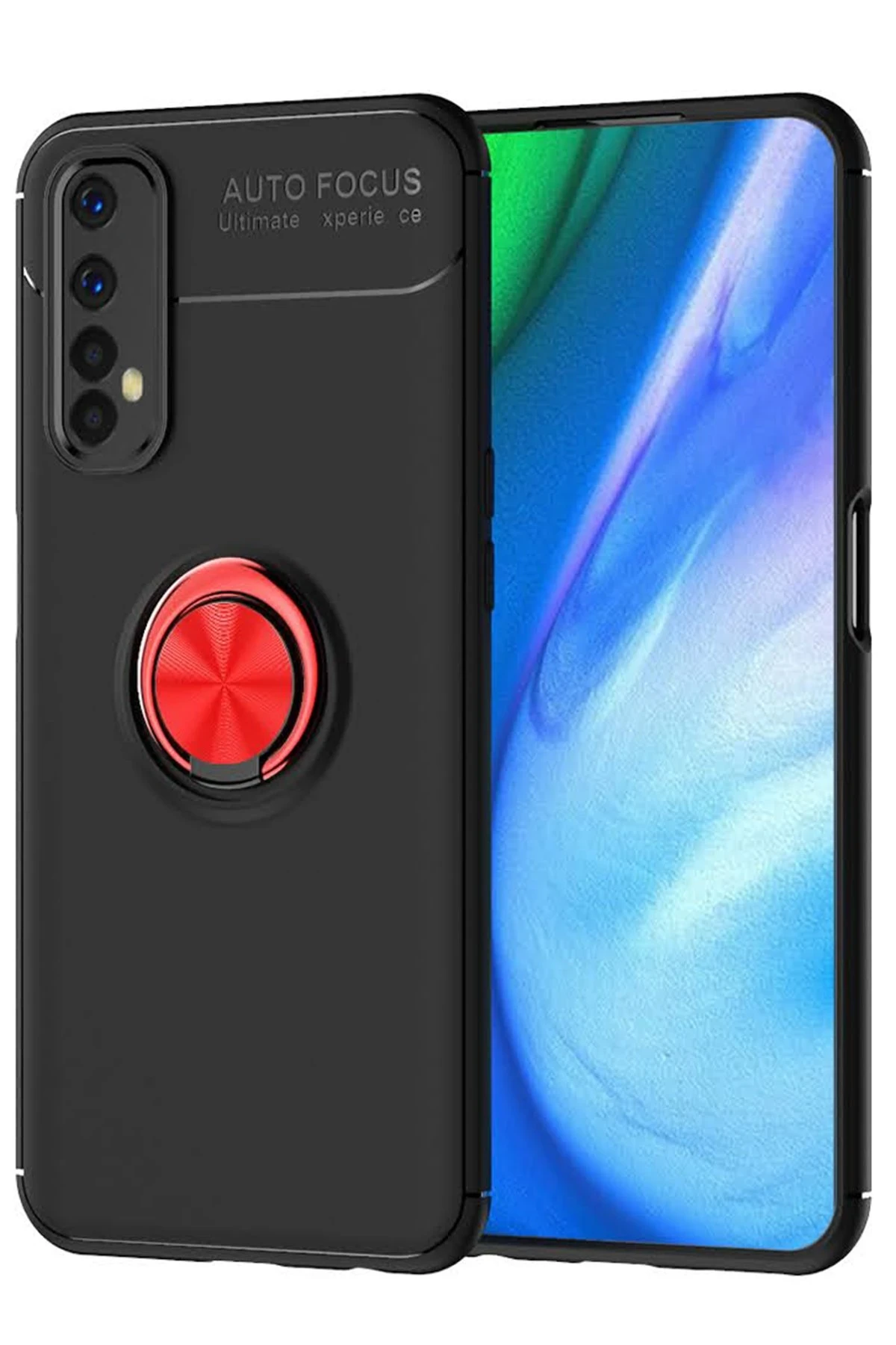 Newface Realme 7 Kılıf Range Yüzüklü Silikon - Siyah-Kırmızı