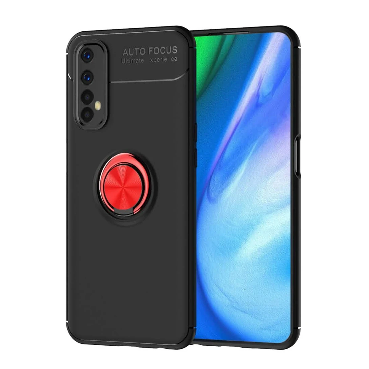 Newface Realme 7 Kılıf Range Yüzüklü Silikon - Siyah-Kırmızı