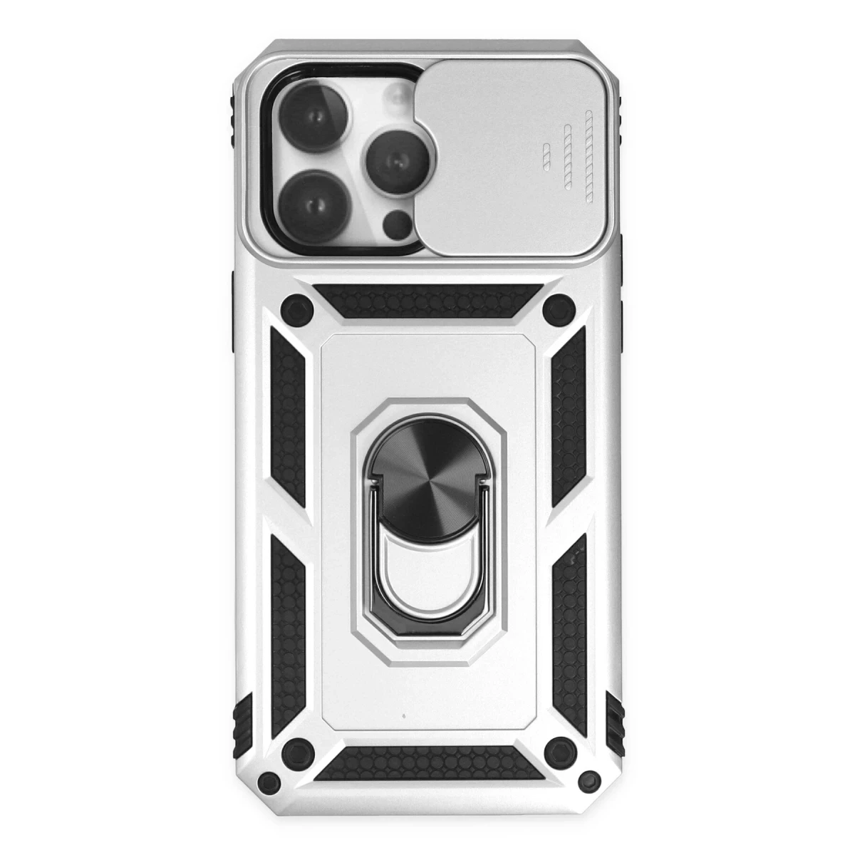 Newface Apple iPhone 14 Pro Max Kılıf Pars Lens Yüzüklü Silikon - Gümüş