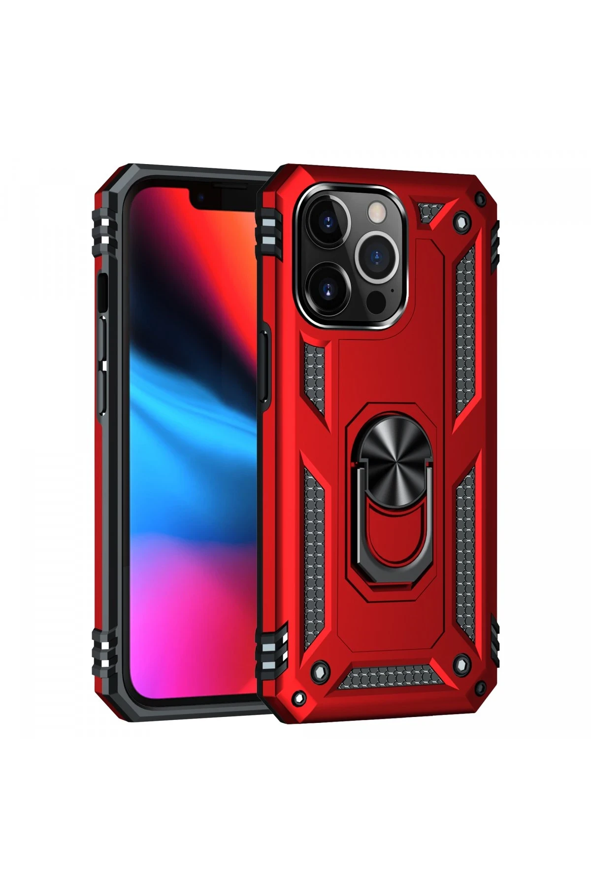 Newface iPhone 14 Pro Kılıf Sofya Yüzüklü Silikon Kapak - Kırmızı