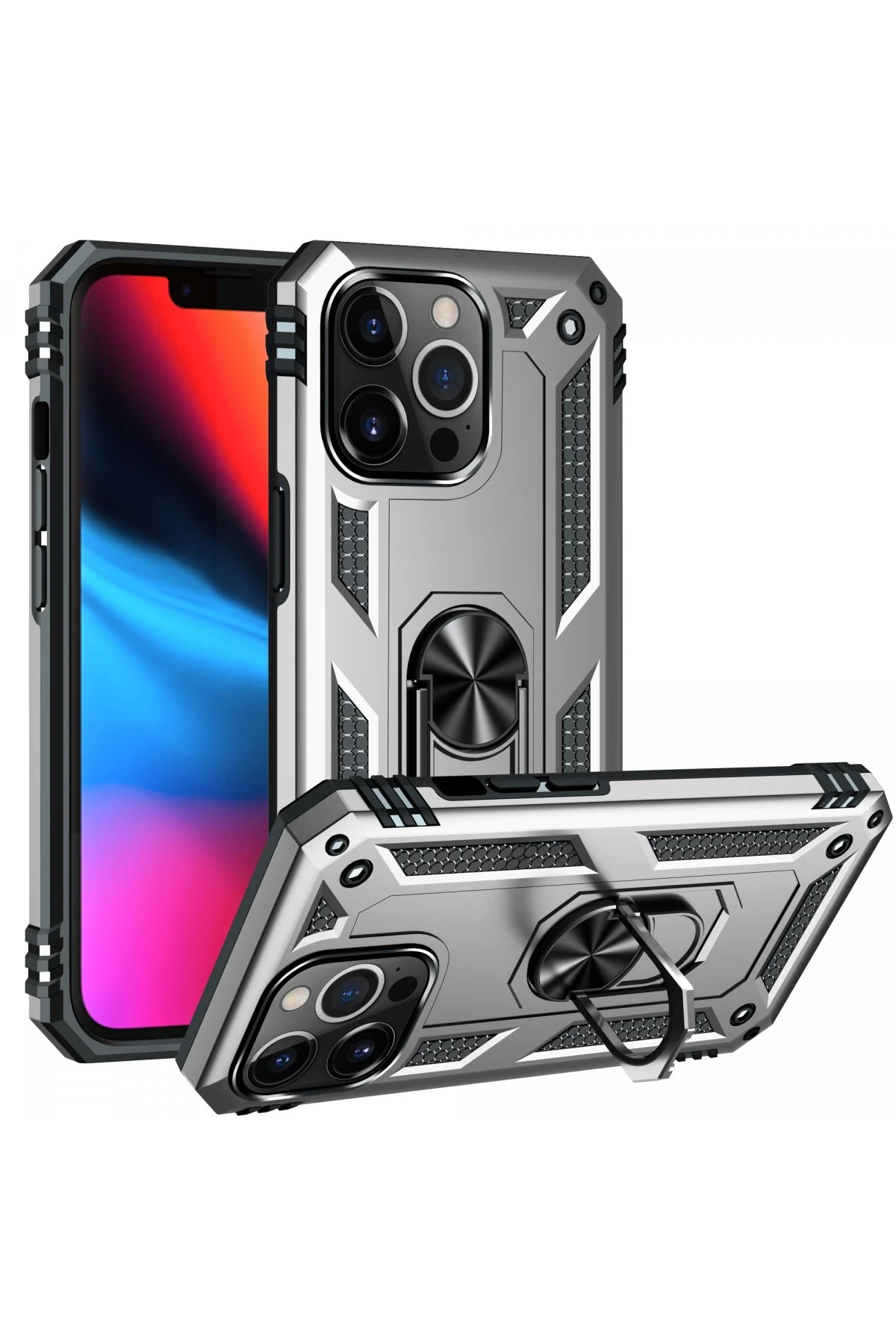 Newface iPhone 14 Pro Kılıf Sofya Yüzüklü Silikon Kapak - Gümüş