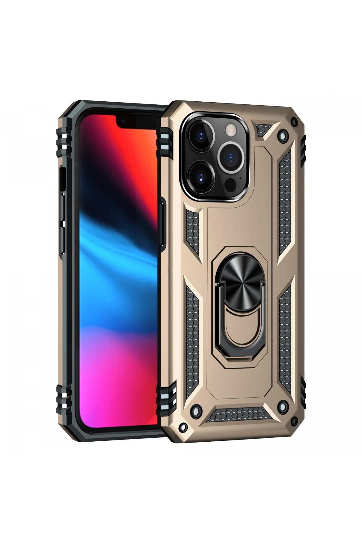 Newface iPhone 14 Pro Max Kılıf Sofya Yüzüklü Silikon Kapak - Gold