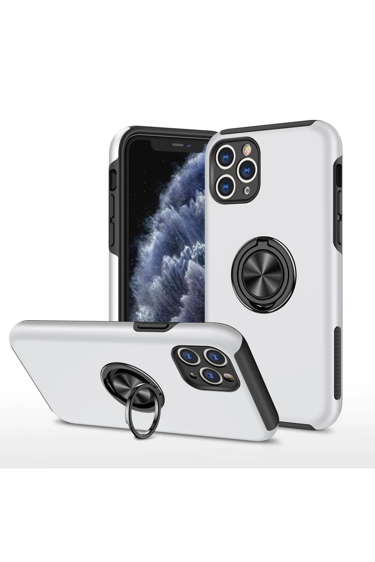 Newface iPhone 11 Pro Max Kılıf Elit Yüzüklü Kapak - Gümüş
