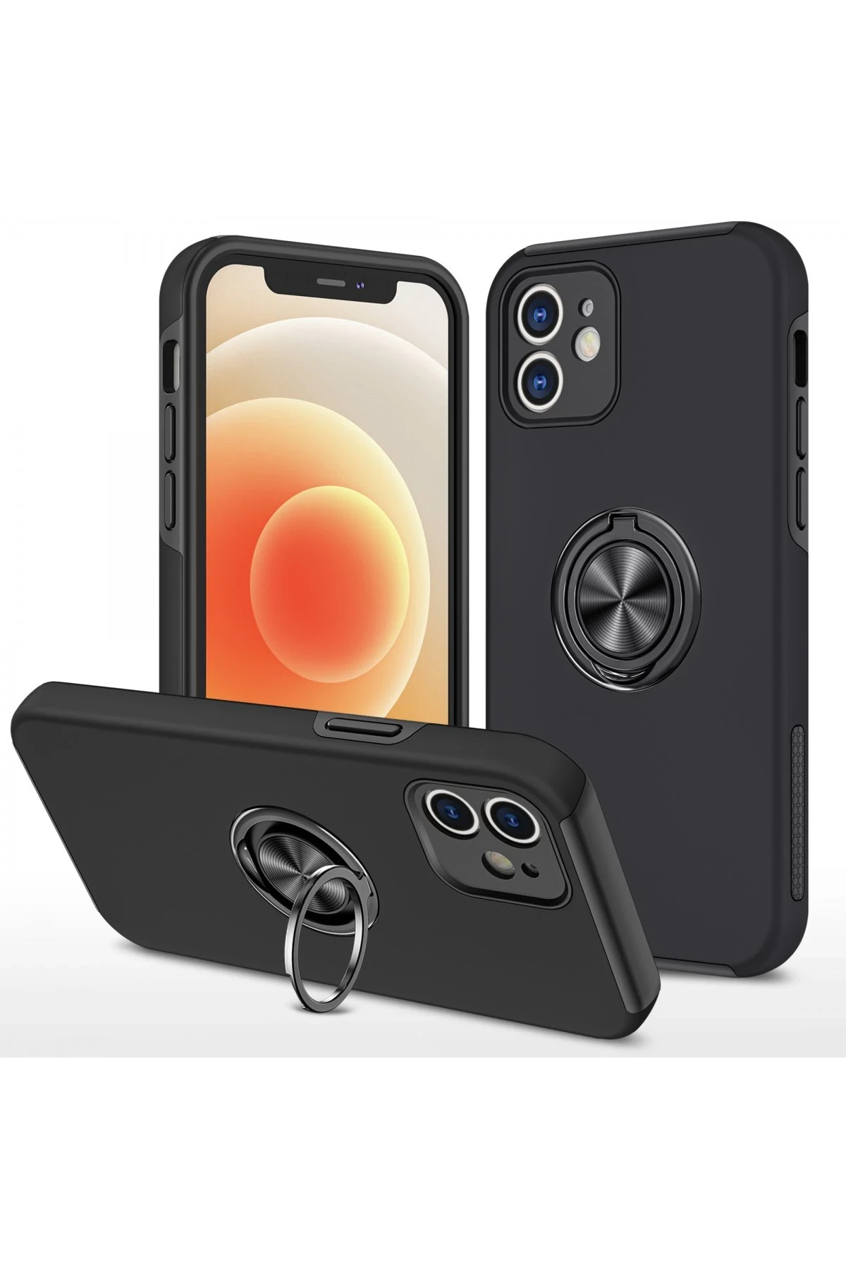 Newface Apple iPhone 12 Mini Kılıf Elit Yüzüklü Kapak - Siyah