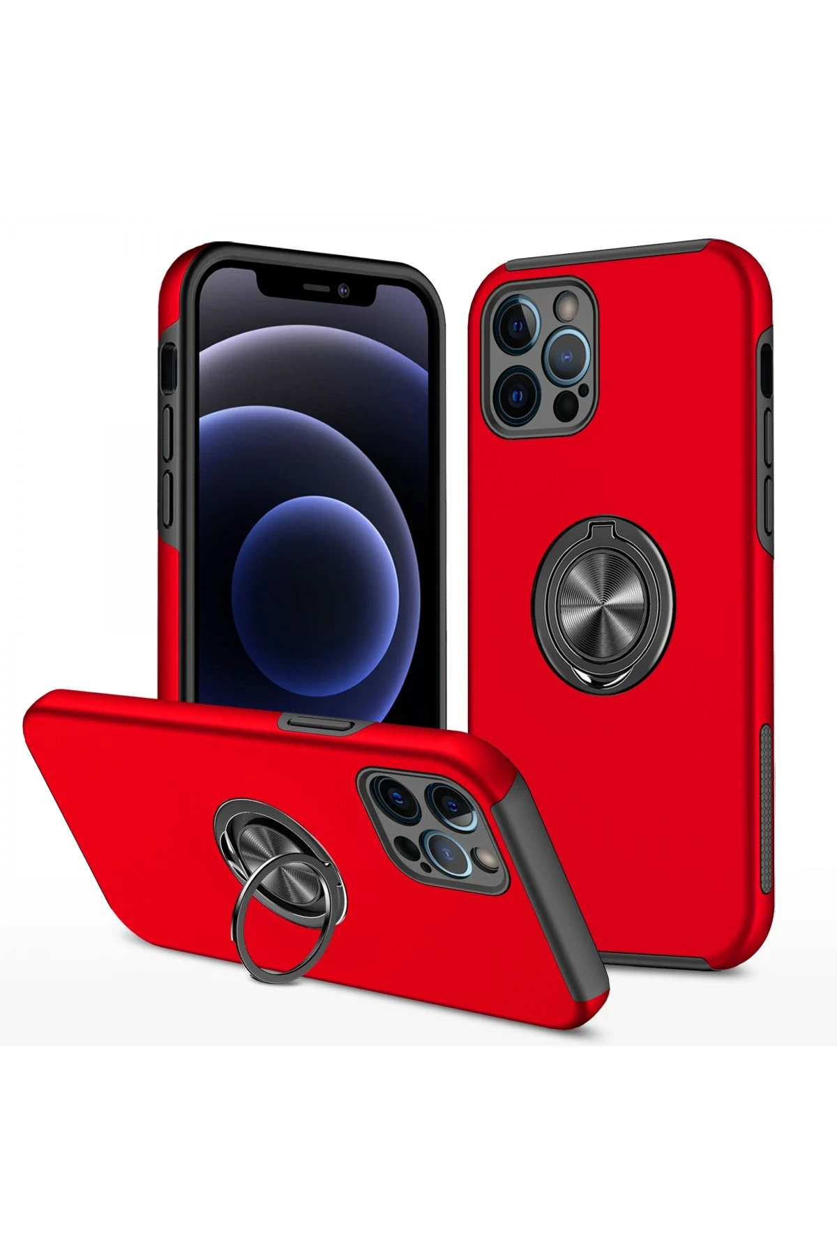 Newface iPhone 12 Pro Max Kılıf Elit Yüzüklü Kapak - Kırmızı