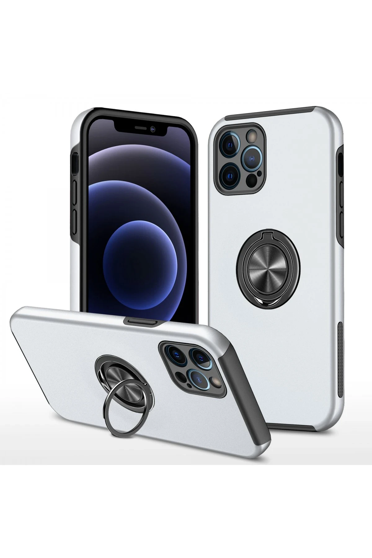 Newface iPhone 12 Pro Kılıf Elit Yüzüklü Kapak - Gümüş