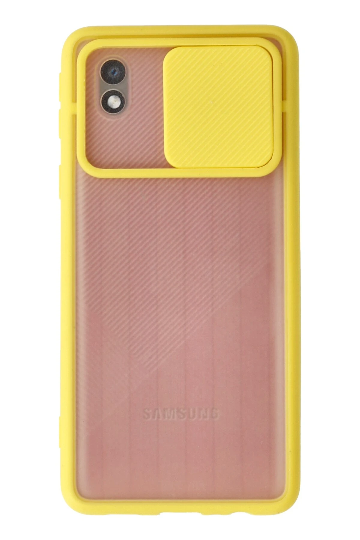 Newface Samsung Galaxy A01 Core Kılıf Palm Buzlu Kamera Sürgülü Silikon - Sarı
