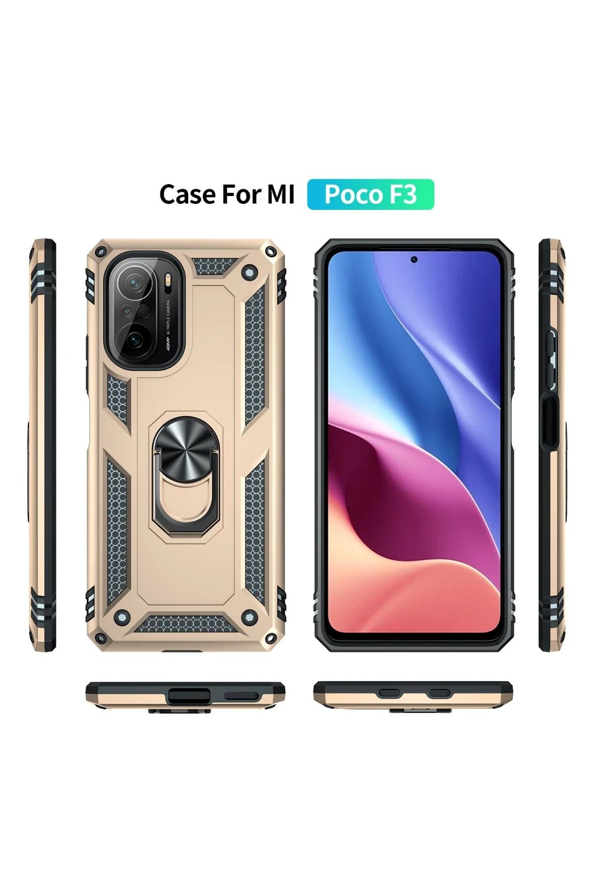 Newface Xiaomi Poco F3 Kılıf Sofya Yüzüklü Silikon Kapak - Gold