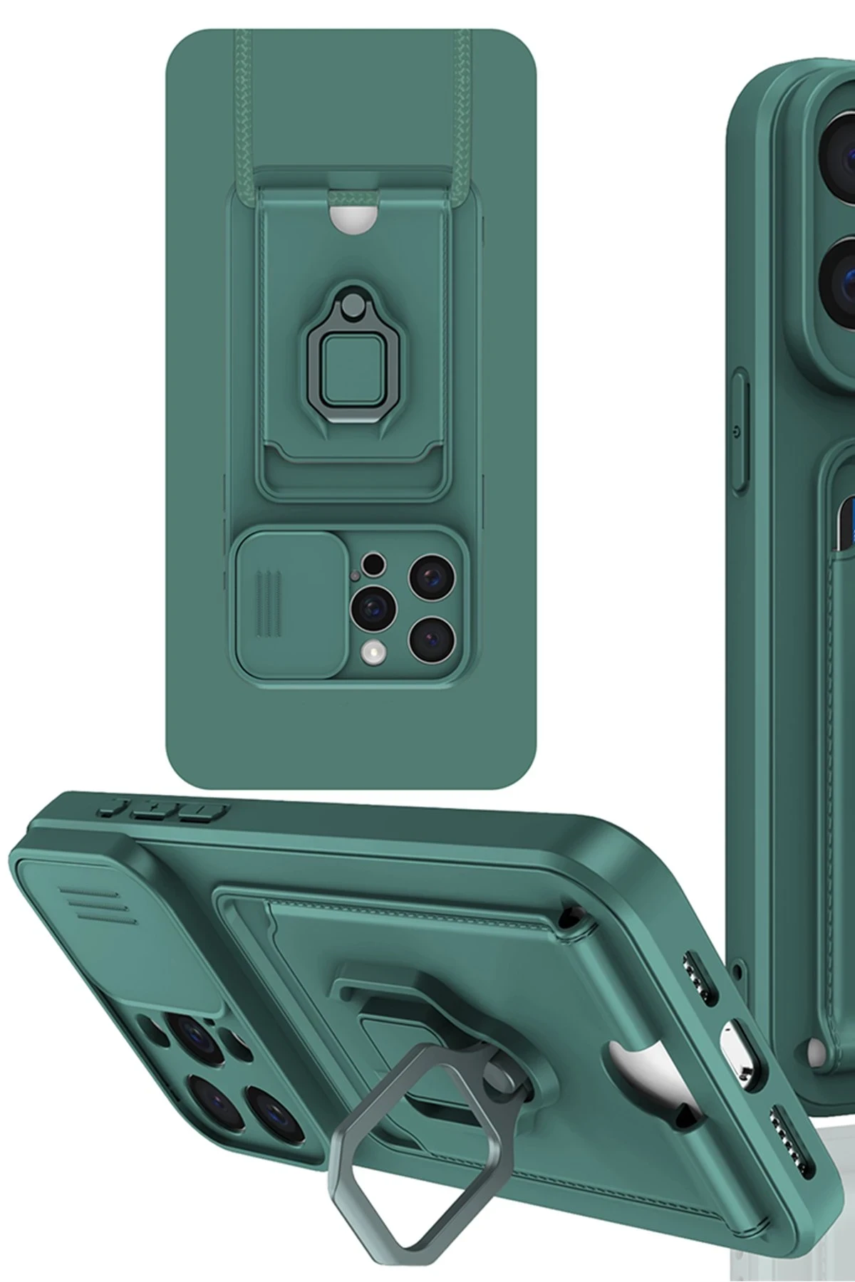 Newface Apple iPhone 15 Pro Kılıf Zuma Kartvizitli Yüzüklü Silikon - Yeşil