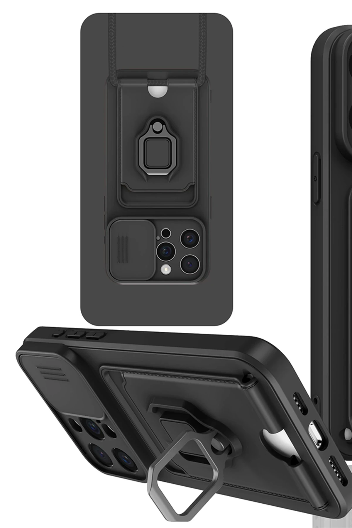 Newface Apple iPhone 15 Pro Max Kılıf Zuma Kartvizitli Yüzüklü Silikon - Siyah