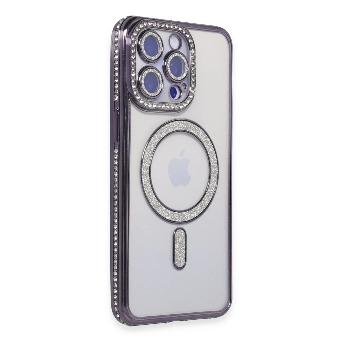 Newface Apple iPhone 15 Pro Max Kılıf Joke Simli Magneticsafe Kılıf - Derin Mor