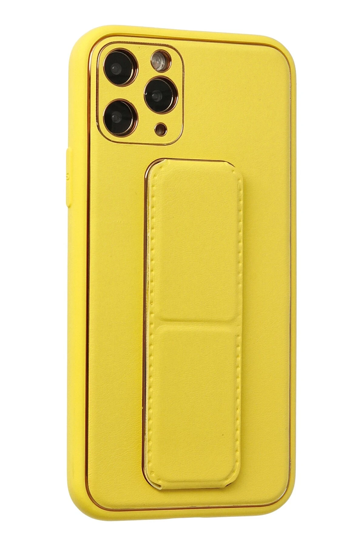 Newface iPhone 11 Pro Kılıf Coco Deri Standlı Kapak - Sarı