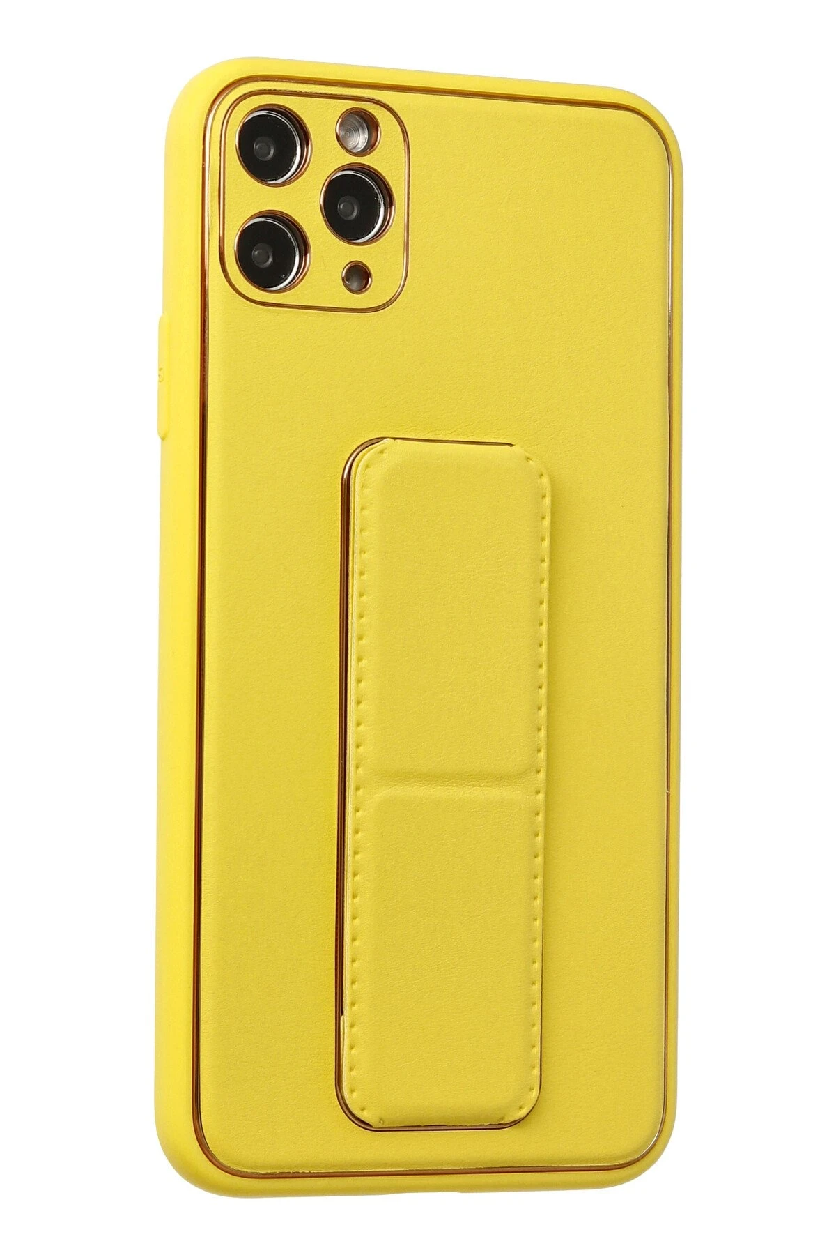 Newface iPhone 11 Pro Max Kılıf Coco Deri Standlı Kapak - Sarı